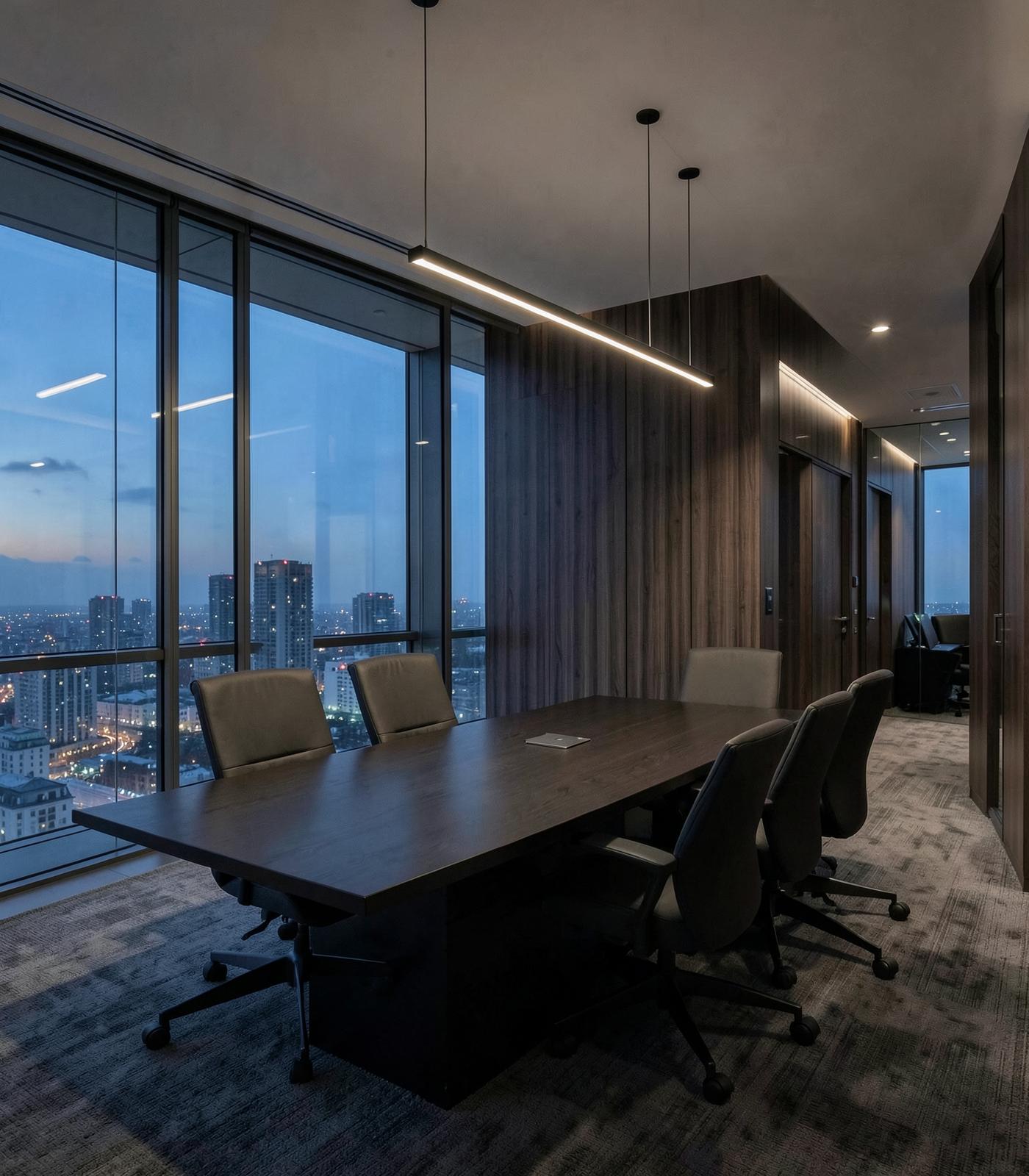 Sala de reuniones ejecutiva con revestimiento de madera y vistas a la ciudad
